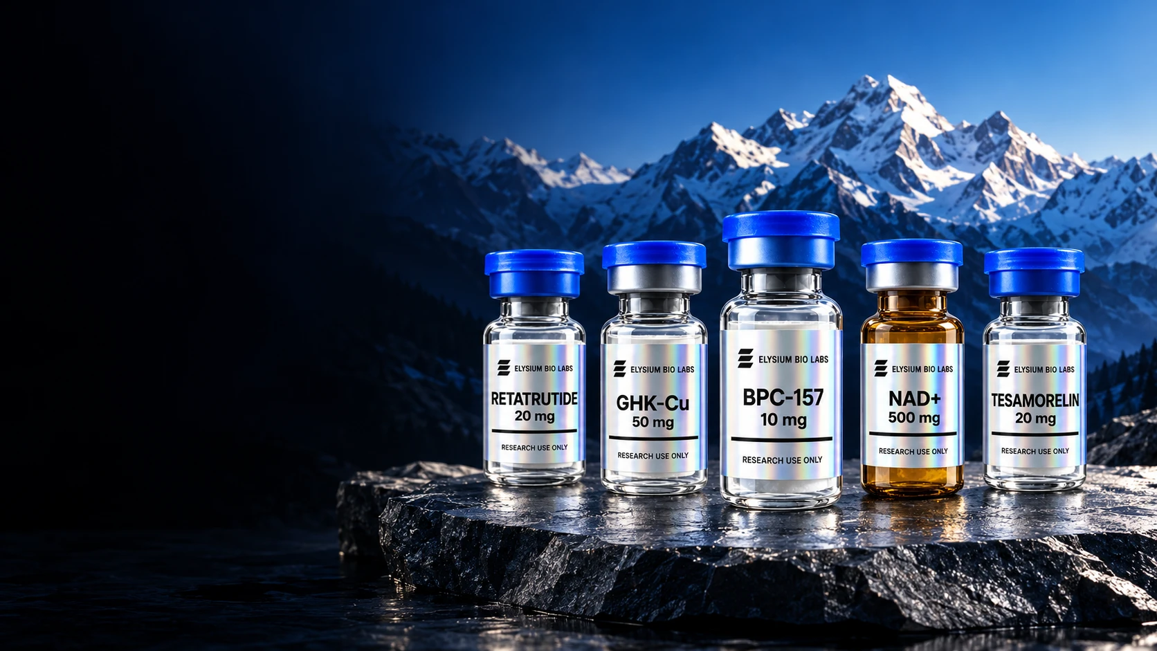 Elysium Bio Labs Retatrutide, GHK-Cu, BPC-157, NAD+ and Tesamorelin research vials on a rock ledge beneath snow-capped mountains