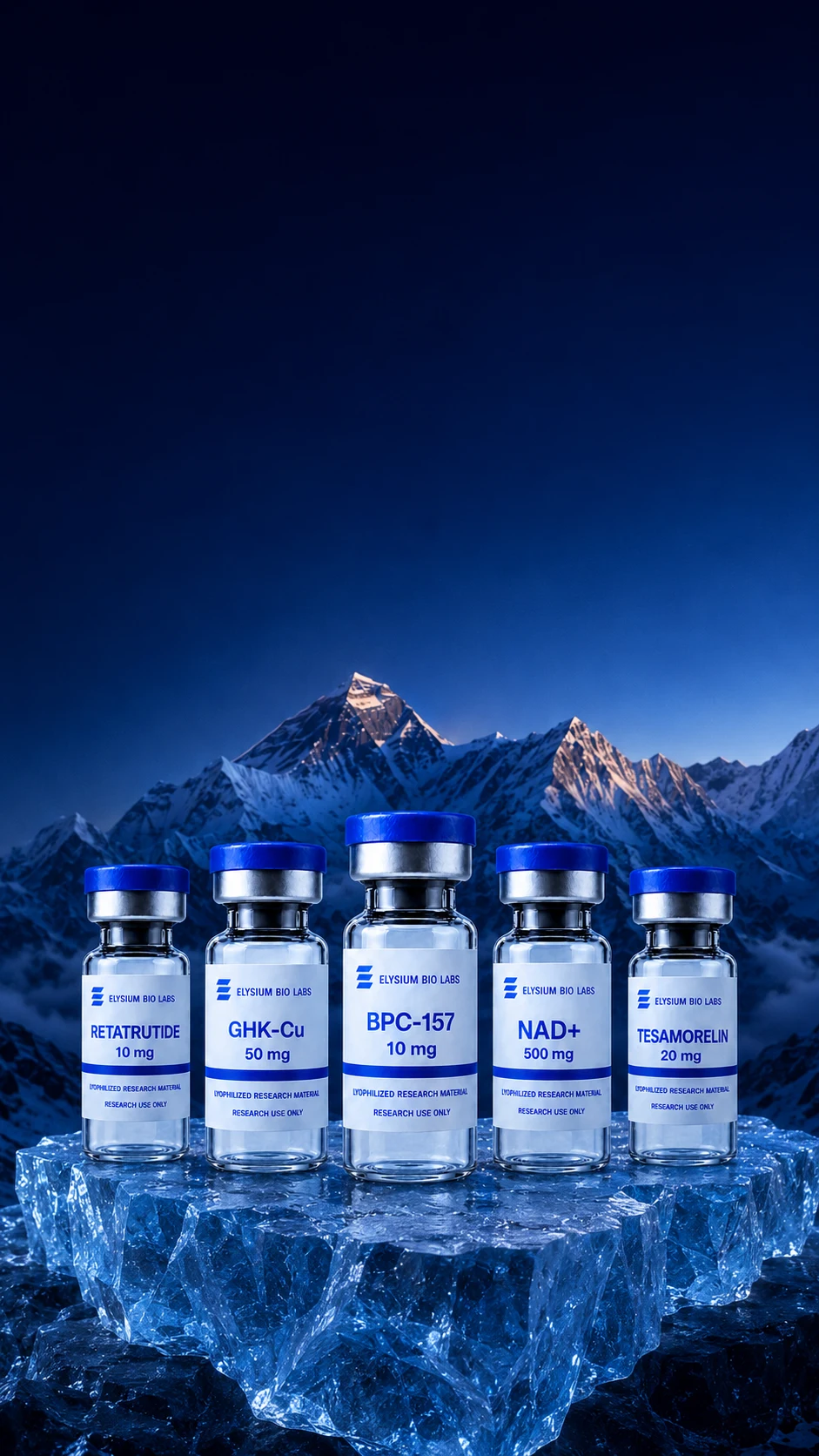 Elysium Bio Labs research vials on an ice ledge above a mountain range